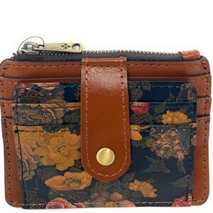 Patricia Nash Navy Floral Card Wallet with Brown Trim